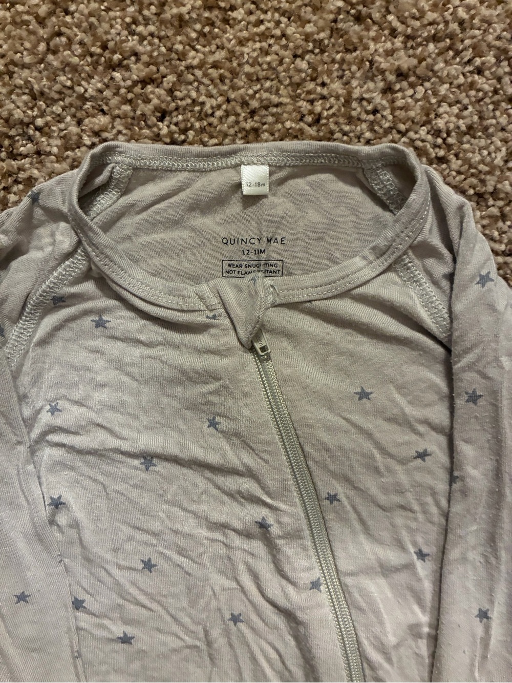 Quincy Mae Light Gray Zip-Front Long Sleeve Tee with Blue Stars
